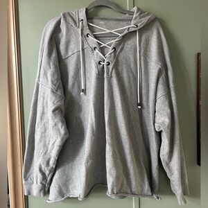 Aerie Oversized Gray Lace-Up Raw Hem Sweatshirt Hoodie Women's Size Large
